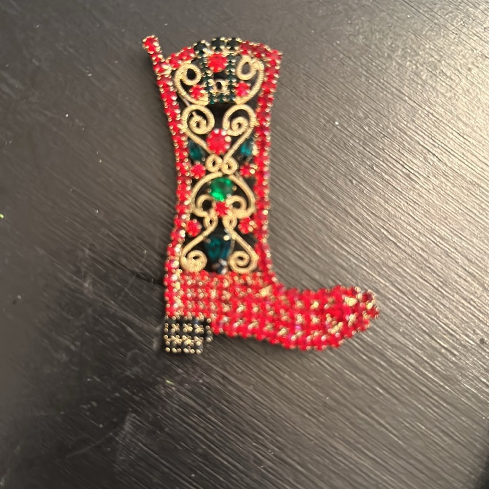 Cute Vintage Christmas Rhinestones Austrian Crystals Cowboy Boot Pin Brooch